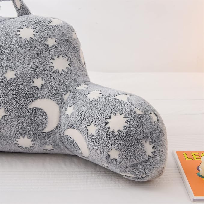 Aimuan Reading Pillow Glow in The Dark Bed Rest Wedge Kids Glow Backrest Pillow Dinosaur Print with Arms Back Support for Sitting Up in Bed Cushion, Grey