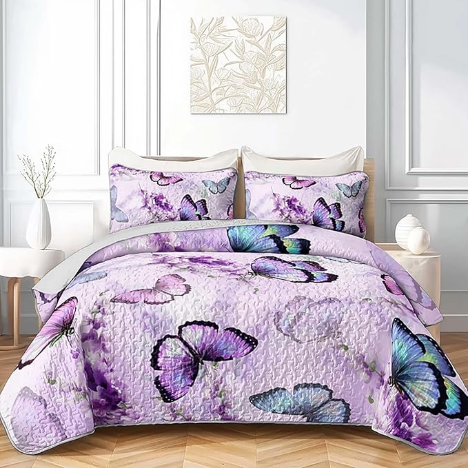 Lavender Purple Butterfly Quilts Bedding King 3Pcs Colorful Butterfly Pattern Quilt Bed Set Aesthetics Butterflies Lightweight Soft Bedspreads Coverlet with 2 Pillowcases for Boys Girls Adult Room