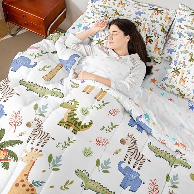 Feelyou Kids Zoo Animals 7 Piece Bedding Set Cute Giraffe Elephant Crocodile Comforter Set with Sheets for Kids Boys Girls Plants Printed Bed in a Bag Animal Theme Bed Set Soft Lightweight