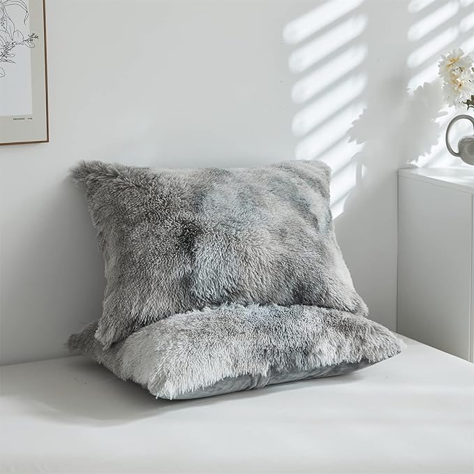 Wajade Faux Fur Plush White Comforter Set Fluffy Fuzzy Shaggy Bedding Set - 3PC Full/Queen Microfiber Soft Warm Quilt Set (Tie Dye Grey White, Full)