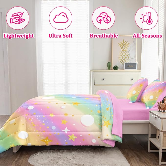 3 Pcs Full Bedding Sets for Girls, Pink Glitter Rainbow Full Size Bed Set, Stars Galaxy Bedding Comforter Set for Girls