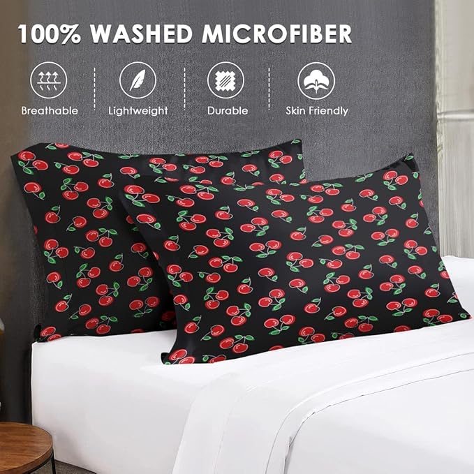 Nesker 7 Pcs Comforter Set Queen Size, Red and Black Bedding for Kids Teen, Cherry Fruit Bed Sheet with Pillowcase & Sham