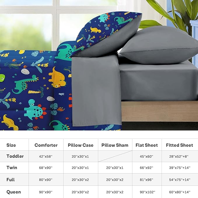 Nesker Comforter Set Full Size, Blue Dino 7 Pcs Bedding for Kids Teens, Dinosaur with Fitted Sheet 2 Pillowcases & 2 Shams for Bedroom Bed Decor