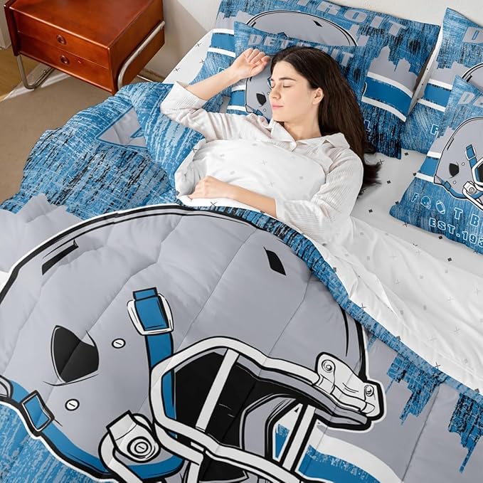 Erosebridal Classic Football Bedding Set Queen Football Bed in A Bag for Boys Men Women Sports Helmet Bed Set Rugby Sports Decor Comforter Sets with Sheets 7 Pieces