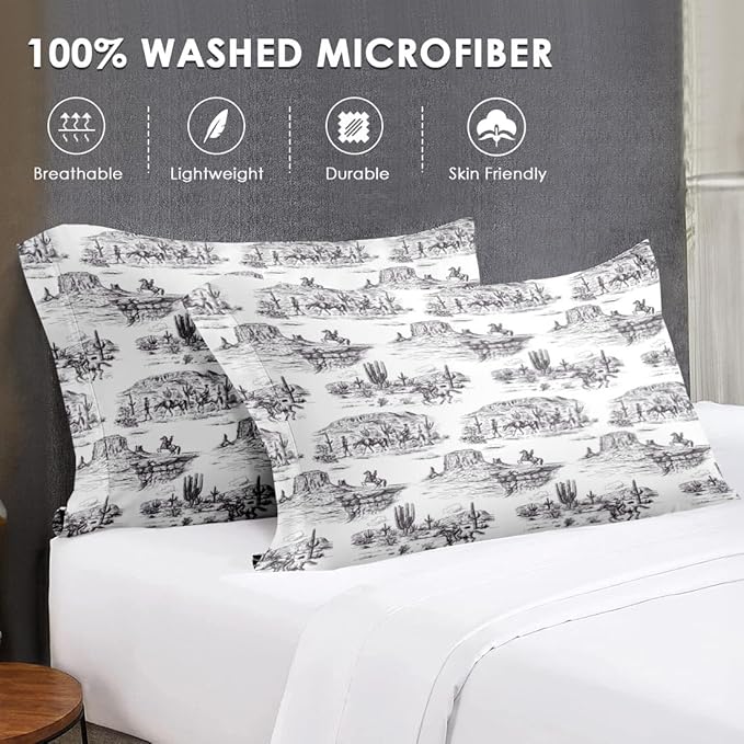 Queen Size Comforter Set with 2 Pillowcase, American Desert Cowboy Soft 3 Pcs Bedding for Kids and Adults, Vintage Horse Mountain Western Comforter Set for Room Bedroom Bed Decor