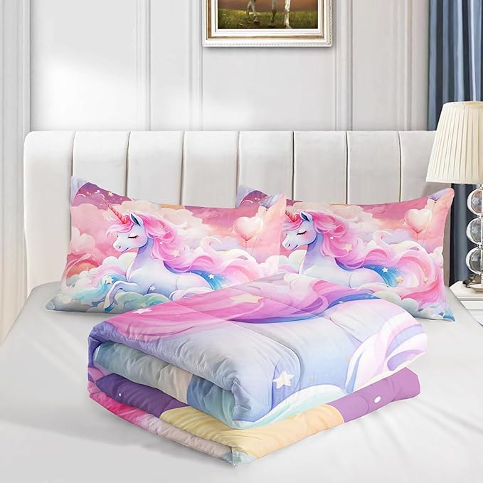 Kid Unicorn Comforter Set Full Size 3Pcs Pink Galaxy Bedding Set Glitter Star Cloud Love Quilt Bed Set for Boys Girls with 1 Comforter and 2 Pillowcases