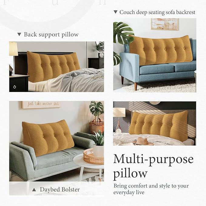 Wedge Headboard Pillow Dorm Room Reading Pillow Back Support for Sitting Up in Bed Bolster Lumbar Cushion Body Positioning Bedrest Corduroy (Khaki, Full (54 * 8 * 20in))