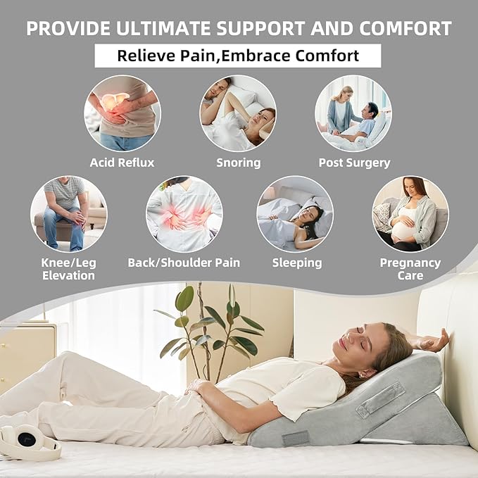 3PCS Orthopedic Bed Wedge Pillow Set, 45D Memory Foam Wedge Pillow Post Surgery for Back, Leg and Knee Support, Wider Adjustable Triangle Pillow Set for Sleeping,Acid Reflux,Anti-Snoring, Light Grey
