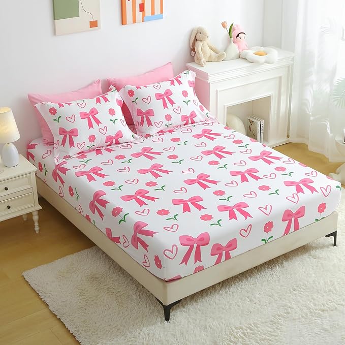 Pink Bow Comforter 7 Pieces Comforter Set Queen Size Pink Flower Bow Comforter for Girls Kids Romantic Princess Style Bow Tie Bedding Set Super Soft All Season