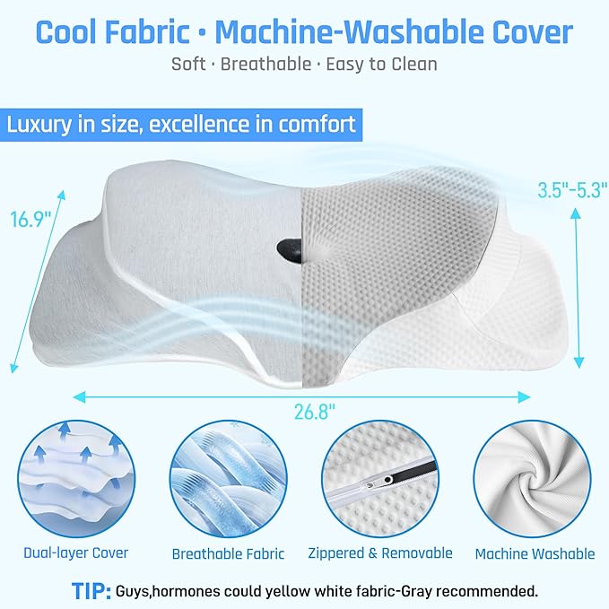 RestAssured Cervical Neck Pillow - Ergonomic Memory Foam Bed Pillows for Sleeping, Neck Pillows for Pain Relief, Back and Side Sleeper Pillow