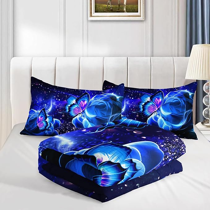 Galaxy Butterfly Comforter Set Full Size for Girls Kids Adults Butterfly Rose Bedding Set Aesthetics Butterflies Quilt Bed Set with 1 Comforter and 2 Pillowcases
