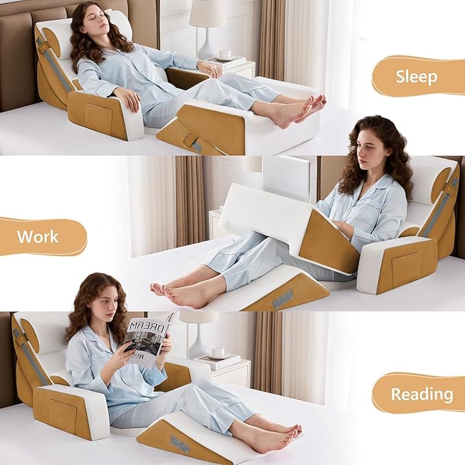 9PCS Wedge Pillow Set for After Surgery Recovery, Adjustable Memory Foam Neck Pillow, Foam Leg Pillow, Relieves Neck, Leg Pain, Sleep Apnea, and Functions as a Reading Pillow Brown
