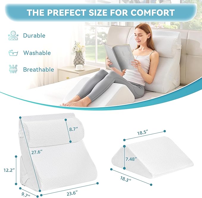 Kingfun 4pcs Orthopedic Bed Wedge Pillow Set for Sleeping, Memory Foam for Sleeping,Breathable Triangle Pillow Wedge, Post Surgery Memory Foam Wedge Pillow for Back, Leg Pain Relief, Sitting