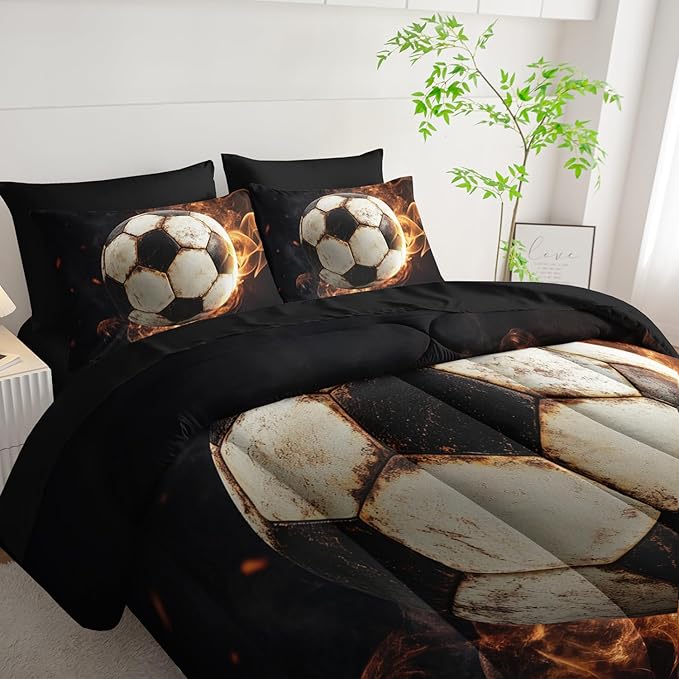 Soccer Print Comforter 7Pcs Gaming Sport Flame Soccer Bedding Set for Kid Teen Girl Boy Adult Sports White Black Football Quilt Bed Set Queen with 2 Sheets,2 Pillowcases,2 Throw Pillow Covers