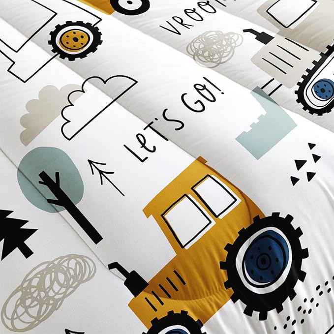 Cartoon Car Comforter Set Kids Construction Printed Bedding Set with 1 Comforter and 2 Pillowcases for Boys and Girls Bedroom All Season(Car Full)