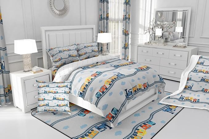 Erosebridal Train Bedding Sets Navy Locomotive Train Comforter Set Twin,Cartoon Steam Engine Down Comforter for Kids Toddler Cute Clouds Transportation Cars Duvet Insert with 1 Pillowcase