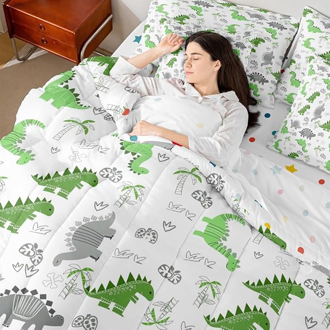 Feelyou Cute Dinosaur 7 Piece Bedding Set Bright Green Grey Dinosaur Comforter Set with Sheets for Kids Boys Girls Nutrue Palm Tree Bed in a Bag Animal Theme Bed Set Soft Lightweight