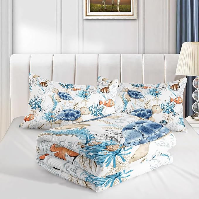 Blue Sea Turtle Themed Comforter 3Pcs Full Wild Ocean Animal Tortoise Fish Bedding Set for Kid Teen Girl Boy Adult Coral Clownfish Octopus Quilt Bed Decor with 1 Comforter and 2 Pillowcases