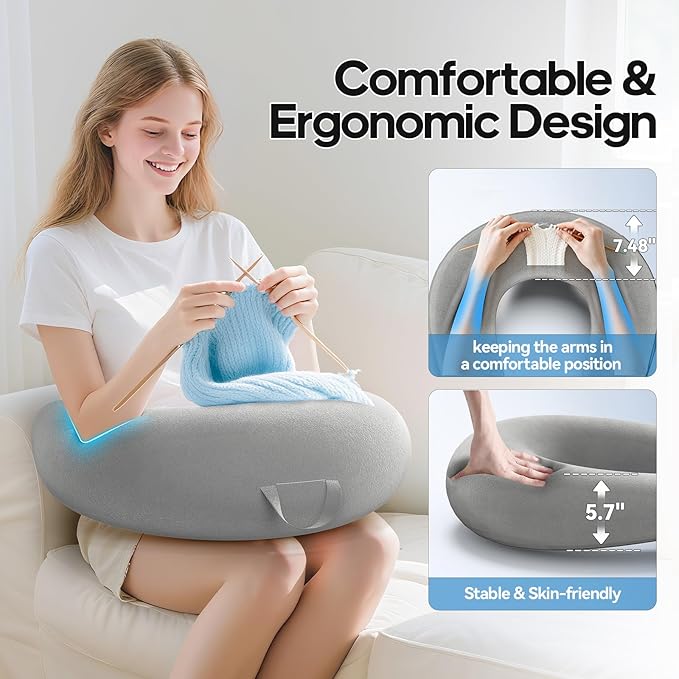 Crochet & Reading Pillow for Lap Support, Gaming Lap Desk Pillow, Sitting on The Bed/Sofa/Floor for Knitting, Large & Ergonomic Arm Rest Support, Pet Bed for Ipad/Laptop/Kindle - Grey