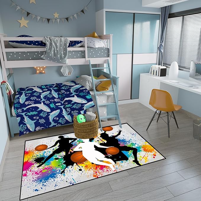 Basketball Rug for Boys Bedroom - Sports Rug for Boys Bedroom Kids Carpet, Basketball Carpet for Playroom Living Room Floor Mats Indoor Outdoor, 4.5x6 Feet