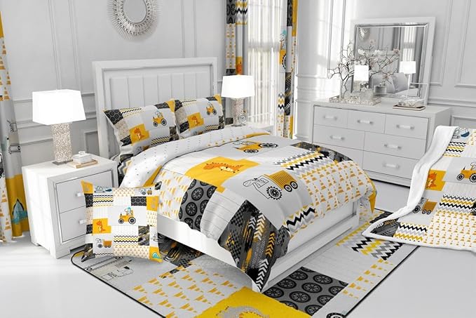 Feelyou Construction Comforter Set King Size Kids Cartoon Car Excavator Tractor Toddler Comforter Equipment Trucks Plaid Grid Yellow Comforter Set Construction Vehicles Duvet Set Quilt Set