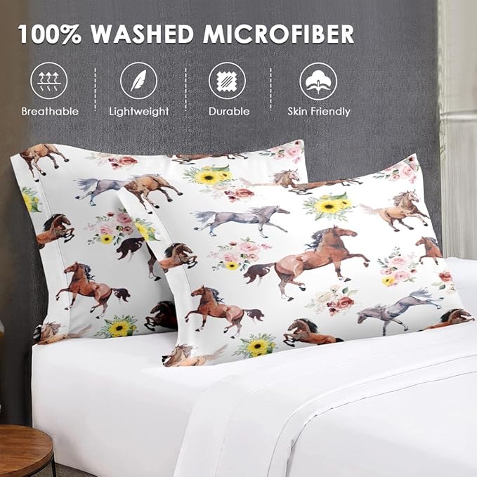Queen Size Comforter Set with 2 Pillowcase, Vintage Horse Brown Soft 3 Pcs Bedding for Kids and Adults, Get Watercolor Run Comforter Set for Room Bedroom Bed Decor