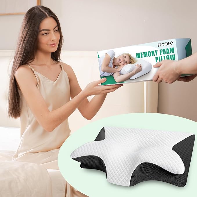 Memory Foam Cervical Pillow, 2-in-1 Ergonomic Neck Support Pillow with Armrest & Ear Hole, Contour Orthopedic Bed Pillow for Pain Relief, Adjustable Height for Side, Back & Stomach Sleepers
