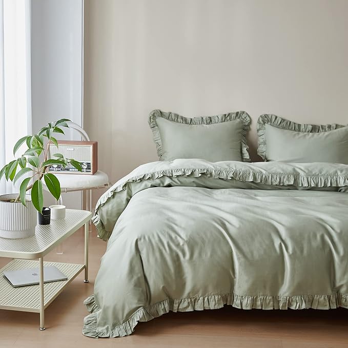 Simple&Opulence Kids 100% Organic Cotton Queen Duvet Cover Ruffle 3Pcs(1 Comforter Cover 2 Pillowcases) Cute Lace Vintage Boho Shabby Chic Farmhouse Bedding Set Teen Girls(Sage Green, Queen)