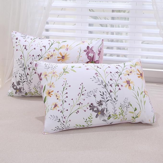 URBONUR Egyptian Cotton Percale Weave Botanical Floral Duvet Cover Set, Soft Silky Crisp & Cooling (1 Duvet Cover, 2 Pillow Cases)