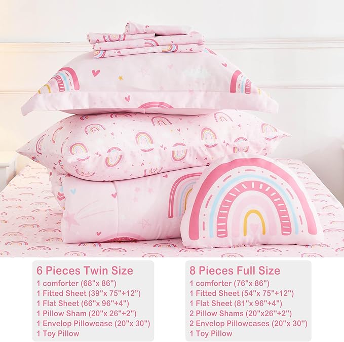 Mooreeke Bed in a Bag for Kids Girls Teens, 8 Pieces Full Size Comforter Bed Set with Shams, Sheet Set and Decorative Toy Pillow, Rainbow Pink Super Soft Microfiber Kids Comforter Bedding Set