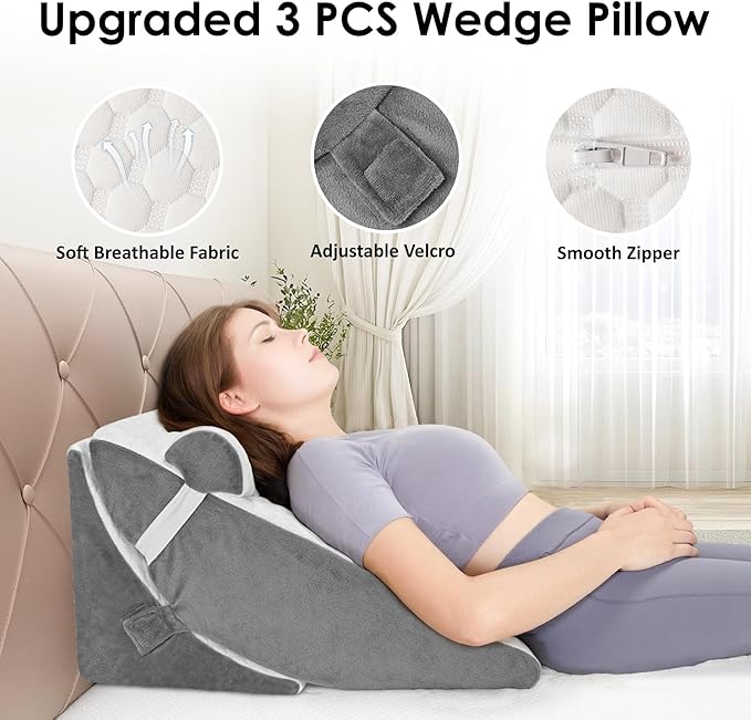 Bed Wedge Pillow for Sleeping, 3PCS Wedge Pillow Set for After Surgery, Adjustable 7 &12 inch Pillow Wedges for Acid Reflux Relief, Back Pain Relief, Sleep Apnea, Sitting Up, Headboard (White/Grey)