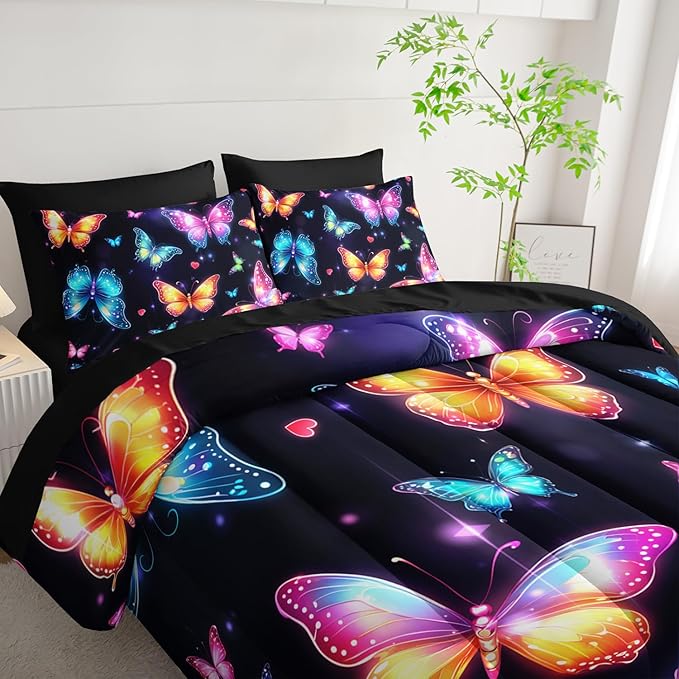 Colorful Gradient Butterfly Comforter 7Pcs Tie-Dye Heart Print Bedding Set for Kid Teen Girl Boy Adult Sparkling Aesthetics Quilt Bed Set Full with 2 Sheets,2 Pillowcases,2 Throw Pillow Covers