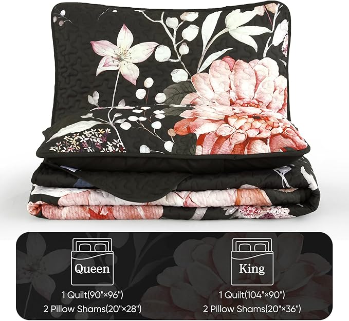 Drucon Floral Quilt King Size - 3 Pieces Black Quilt Botanical Bedspread Soft Lightweight Flower Bedding Set for All Season (104"x90")