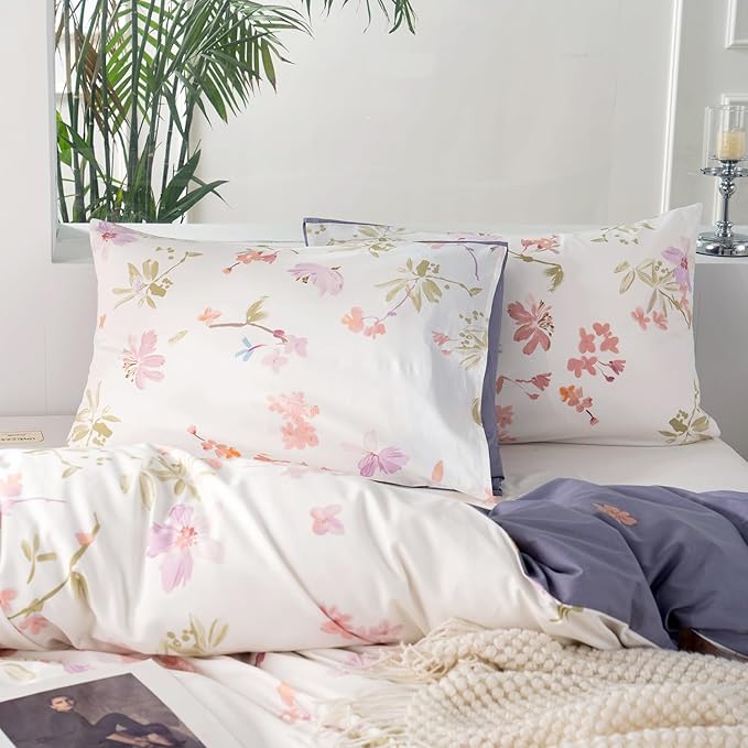 Queen Floral Duvet Cover 100% Soft Cotton 3 Pieces Flower Bedding Set for Girls Women Chic Garden Style Luxury Purple Floral Pattern Printed Floral Queen Duvet Cover with Zipper Closure
