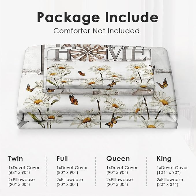 Daisy Flower Theme 3 Pieces Duvet Cover Comforter Set with 2 Pillowcase Full Size White Floral Bed Sheet Quilt Bedroom Bedding for Lover Kids