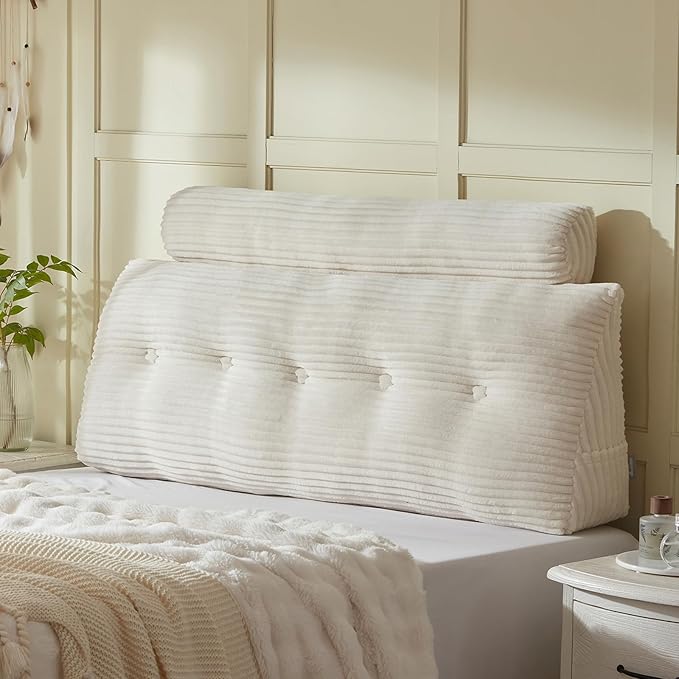 Headboard Wedge Pillow + A Long Neck Roll Pillow Body Pillow,Large Headboard Pillow with Removable Cover (Beige, Queen:59x8x20 inches)