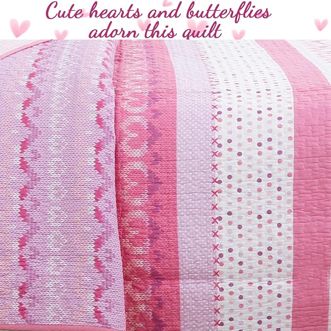 Cozy Line Home Fashions Cute Pink Butterfly Stripe Hearts 100% Cotton Soft Bedding Quilt Set, Coverlet, Bedspread (Queen - 3 Piece)