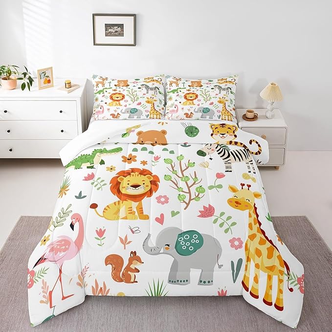 Feelyou King Size Cartoon Lions Giraffe Comforter Set Zoo Animals Bedding Set Flamingo Zebra Comforter for Kids Boys Girls Kawaii Animals Duvet Insert 3Pcs