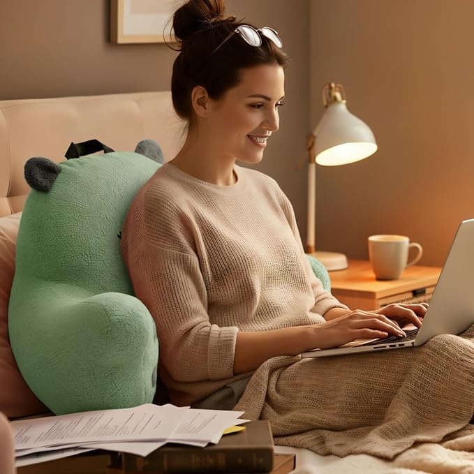 Reading Pillow for Sitting in Bed Couch Teens/Adult, Back Rest Pillow for Sitting Up in Bed with Shredded Memory Foam, Includes Arms and Washable Cover (Green)