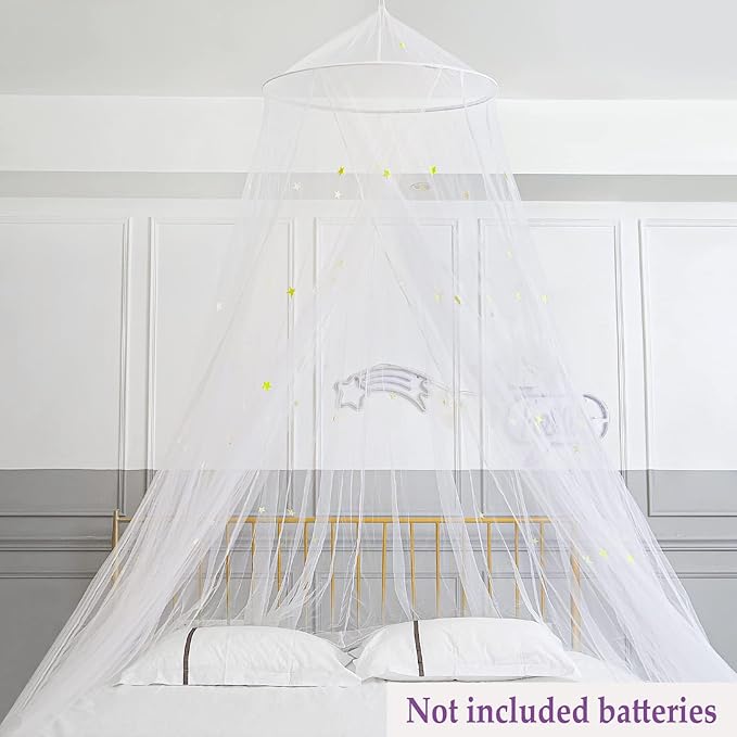 FIOBEE Bed Canopy for Girls Room Bed Canopy Curtains with Led Lights Mosquito Net DIY Princess Room Décor with Stars Butterflies for Kids Bedroom, White