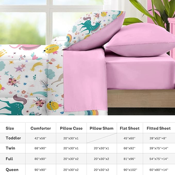 Nesker 7 Pcs Comforter Set Full Size, Cute Colorful Unicorns Bedding Set for Kids Teen, Cloud Rainbow with Fitted Sheet 2 Pillowcases & 2 Shams for Bedroom Bed Decor