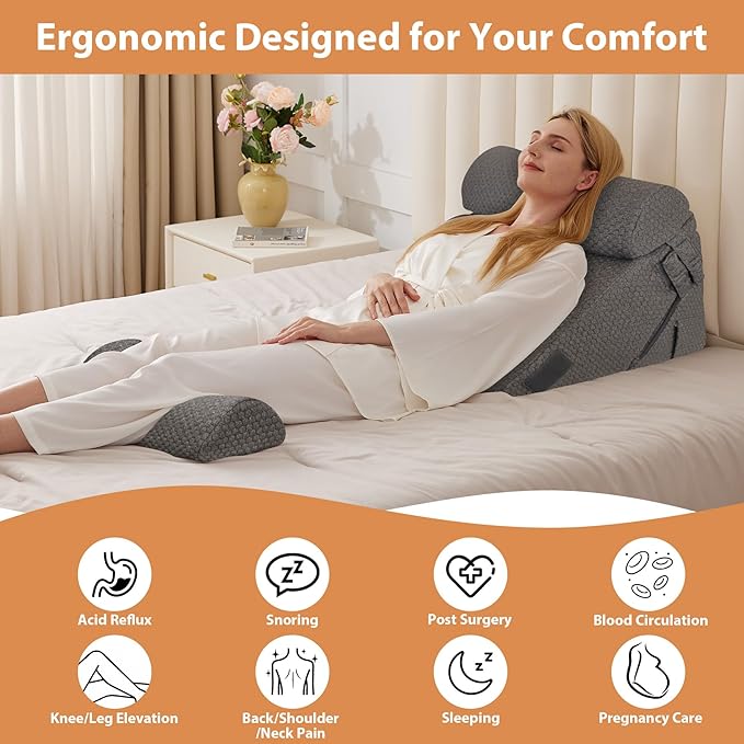 Orthopedic Bed Wedge Pillow Set 4Pcs, Adjustable Memory Foam, Pillow Wedge for Post Surgery, Back Pain Relief, Triangle Pillows for Acid Reflux, Snoring, GERD, Dark Grey