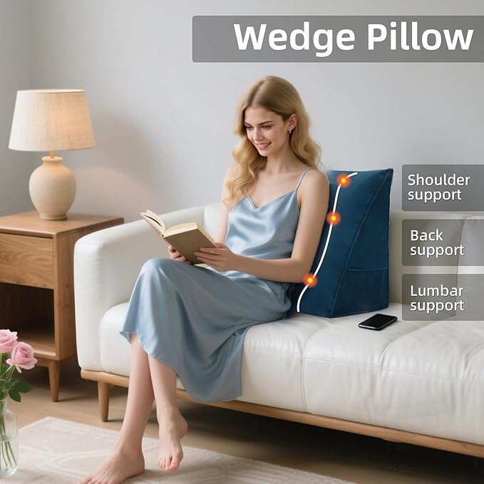 Wedge Headboard Reading Pillow for Bed Velvet Triangular Backrest Bolster Pillow for Sitting Up Daybed Cushion Lumbar Body Support Positioning for Headboard, Couch, Dorm, Deepblue