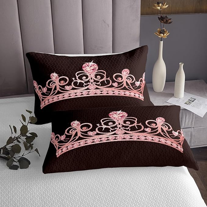 Erosebridal Princess Coverlet Set, Pale Pink Crown with Diamond Bedspread Quilt Set Girly Bedspread, Kids Children Woman Soft Microfiber Decorative Quilt Queen Size, Black