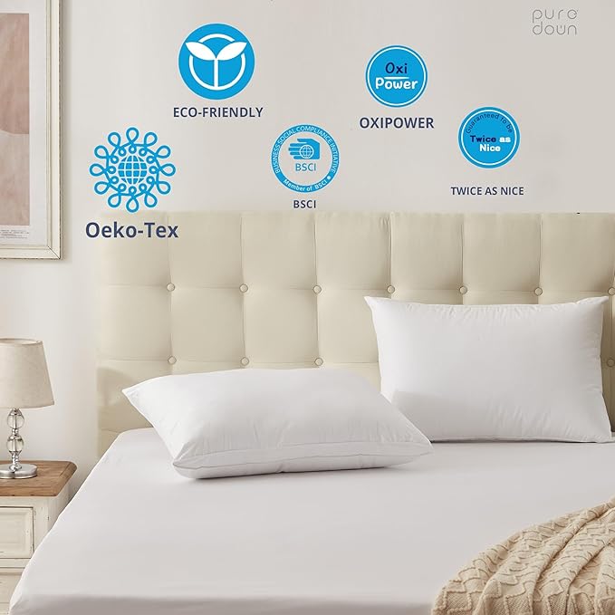 puredown® Goose Feather Down Pillows, Standard Size Soft Bed Pillows for Sleeping with 100% Cotton Shell Set of 2