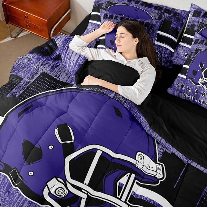 Erosebridal Rugby Football Bed in A Bag Sports Helmet Bedding Set for Boys Girls Women Men Football Silhouette Rugby Decor Comforter Sets with Sheets Queen Size 7Pcs