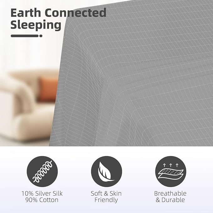 Grounding Bedding Sheet Set, Bed Sheets and Pillowcase Set, 90% Organic Cotton+10% Pure Silver Organic Fitted Grounded Sheet for Improved Sleep, Pain Relief(Gray, (60.1 * 80.2 * 15inch))