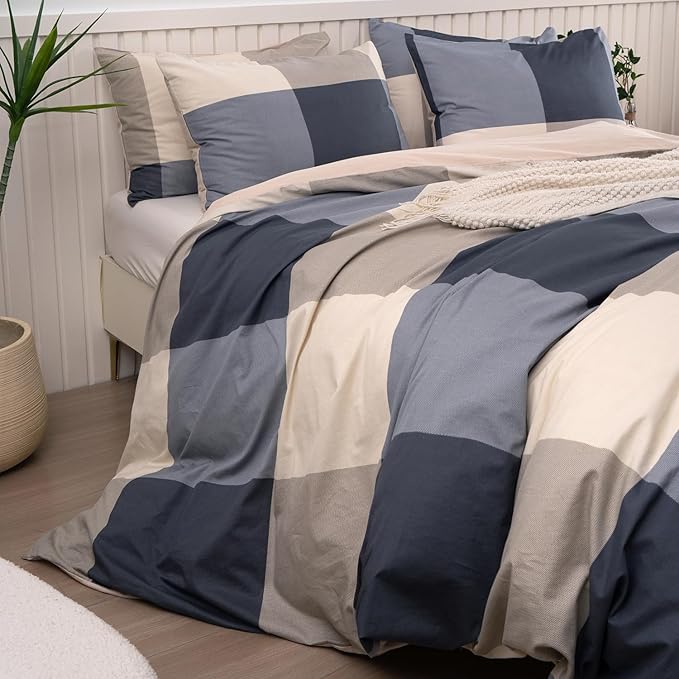 Jane yre King Duvet Cover Set Plaid 100% Brushed Microfiber Reversible 3 Pieces Bedding Set Vintage Style Checkered Pattern Geometric Duvet Cover King with Zipper Closure Luxury Soft Breathable Comfy