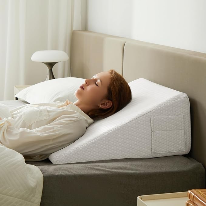 Bedluxe Wedge Pillow, 12 inch Bed Wedge Pillow for Headboard, Pillow Wedge for Acid Reflux Relief, Sleeping, After Surgery, Snoring, Gerd, Triangle Pillow Wedge - Cooling Memory Foam Top, White