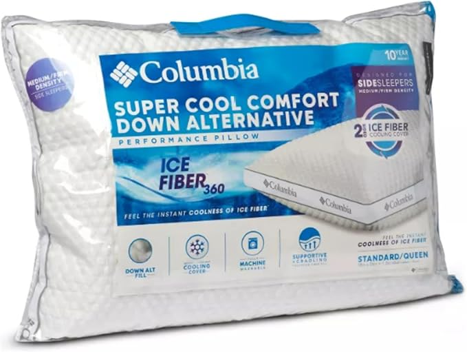 Columbia Comfort Ice Fiber Side Sleeper Down Alternative Bed Pillow with Polyester Fiberfill, Supportive Cooling Double Sided Breathable Cover (Side Sleeper, King (Pack of 1))